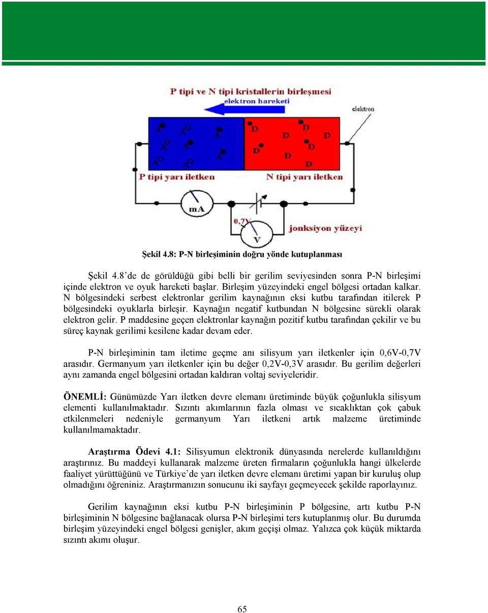 Kaynağın negatif kutbundan N bölgesine sürekli olarak elektron gelir. P maddesine geçen elektronlar kaynağın pozitif kutbu tarafından çekilir ve bu süreç kaynak gerilimi kesilene kadar devam eder.