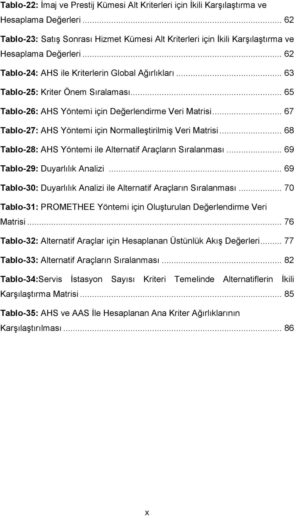 .. 65 Tablo-26: AHS Yöntemi için Değerlendirme Veri Matrisi... 67 Tablo-27: AHS Yöntemi için Normalleştirilmiş Veri Matrisi... 68 Tablo-28: AHS Yöntemi ile Alternatif Araçların Sıralanması.