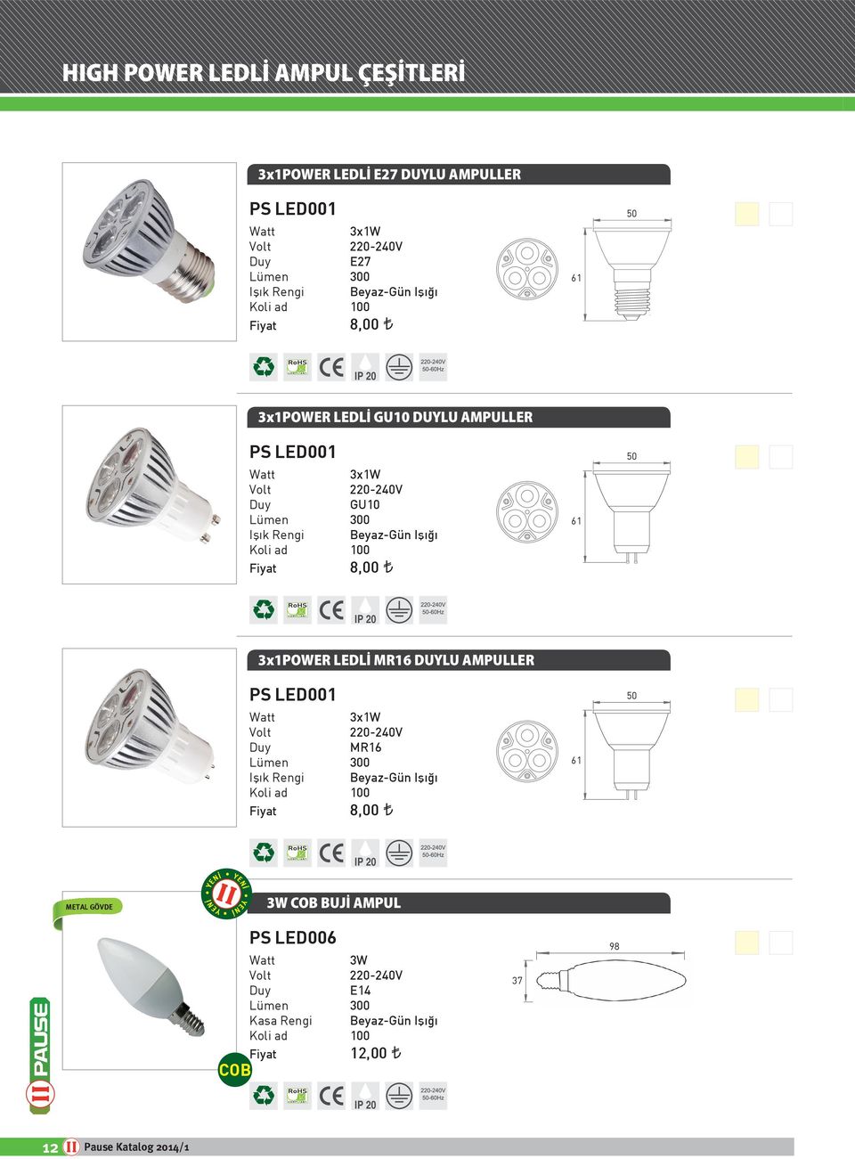 LEDLİ MR16 DUYLU AMPULLER PS LED001 3x1W MR16 Lümen 300 0 Fiyat 8,00 61 50 METAL GÖVDE YENİ 3W COB