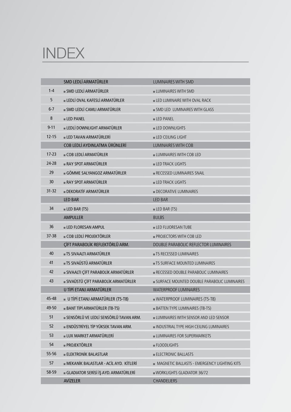 ARMATÜRLER TRACK LIGHTS 29 GÖMME SALYANGOZ ARMATÜRLER RECESSED LUMINAIRES SNAIL 30 RAY SPOT ARMATÜRLER TRACK LIGHTS 31-32 DEKORATİF ARMATÜRLER DECORATIVE LUMINAIRES BAR BAR 34 BAR (T5) BAR (T5)