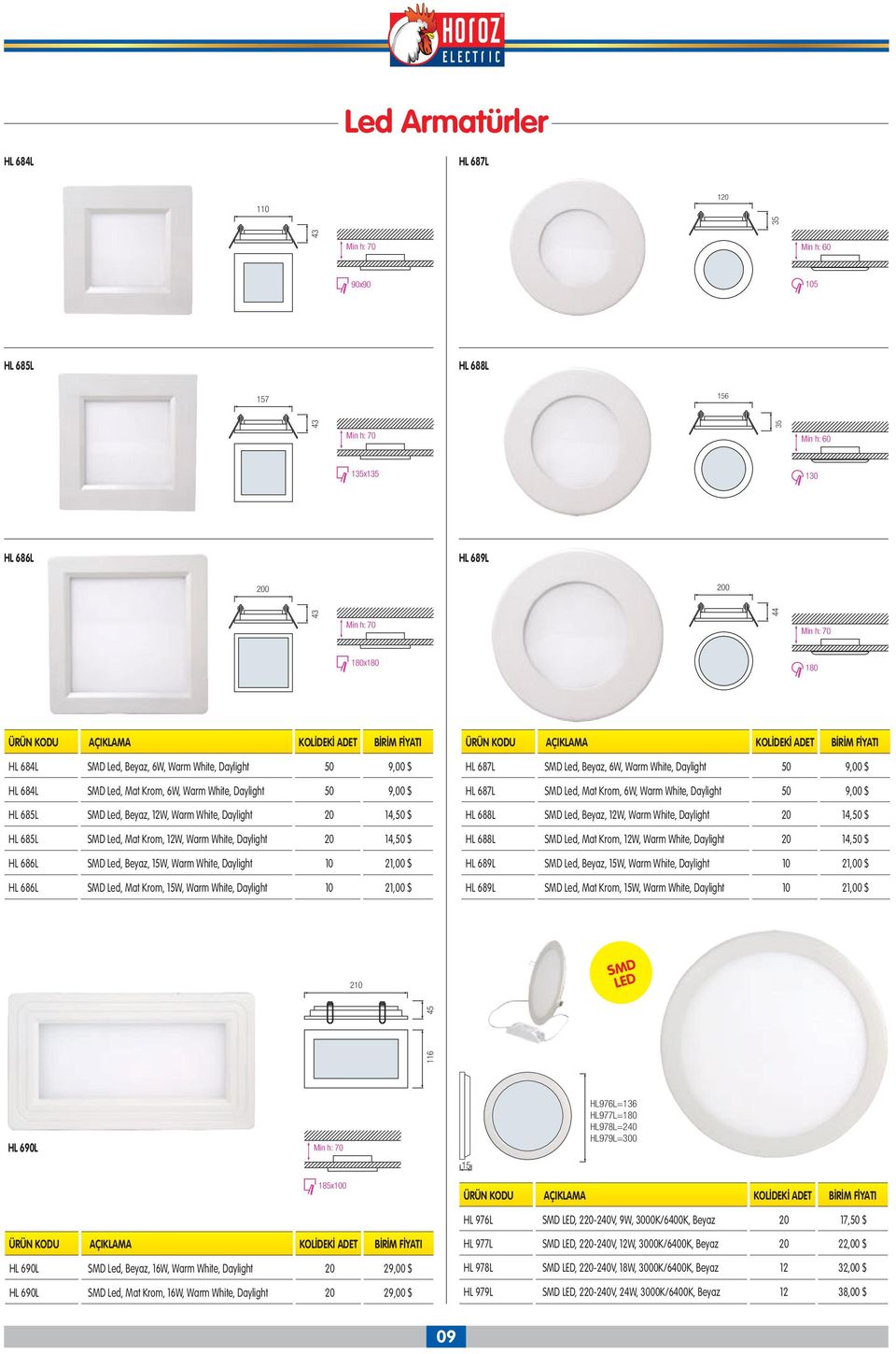 685L SMD Led, Mat Krom, 12W, Warm White, Daylight 20 14,50 $ HL 686L SMD Led, Beyaz, 15W, Warm White, Daylight 10 21,00 $ HL 686L SMD Led, Mat Krom, 15W, Warm White, Daylight 10 21,00 $ HL 687L SMD