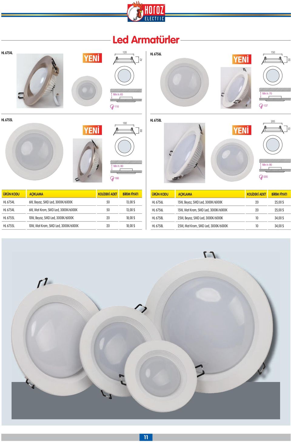 3000K/6000K 20 18,00 $ HL 6755L 10W, Mat Krom, SMD Led, 3000K/6000K 20 18,00 $ HL 6756L 15W, Beyaz, SMD Led, 3000K/6000K 20 25,00 $ HL 6756L 15W,