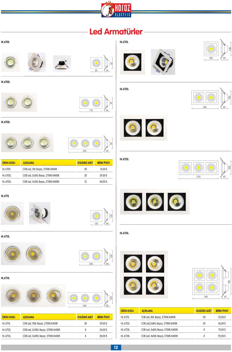 67 340 80 HL 6711L COB Led, 10W, Beyaz, 2700K/6400K 20 29,00 $ HL 6712L COB Led, 2x10W, Beyaz, 2700K/6400K 8 54,00 $ HL 6713L COB Led, 3x10W, Beyaz, 2700K/6400K 8 80,00 $ HL 6721L COB