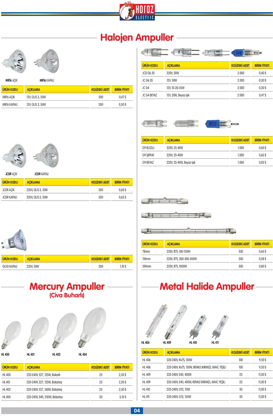 000 0,60 $ G9 BEYAZ 220V, 25-40W, Beyaz Işık 1.000 0,85 $ JCDR AÇIK JCDR KAPALI JCDR AÇIK 220V, GU5.3, 50W 200 0,60 $ JCDR KAPALI 220V, GU5.