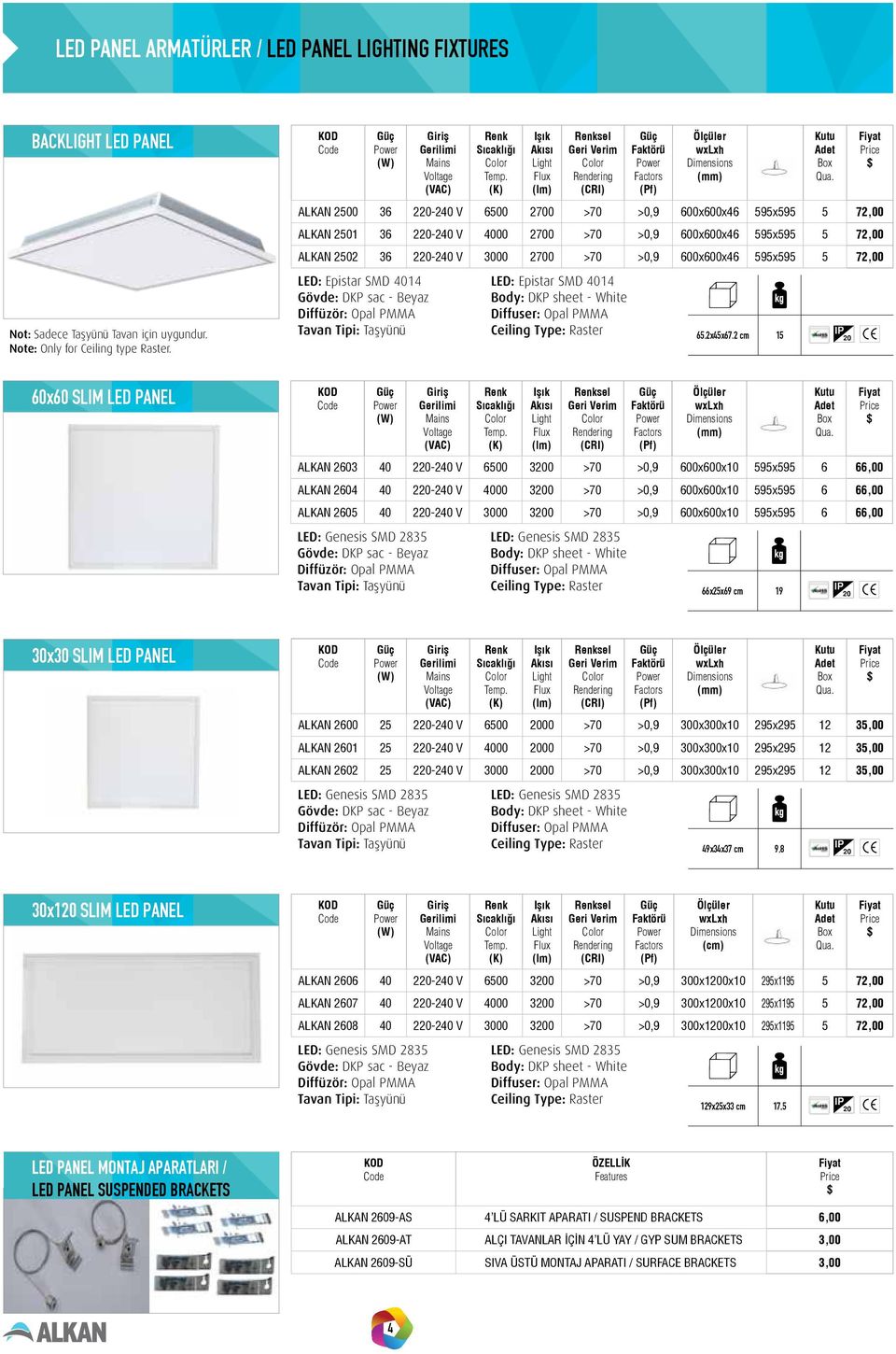 595x595 5 72,00 LED: Epistar SMD 4014 Gövde: DKP sac - Beyaz Tavan Tipi: Taşyünü LED: Epistar SMD 4014 Body: DKP sheet - White Ceiling Type: Raster 65.2x45x67.