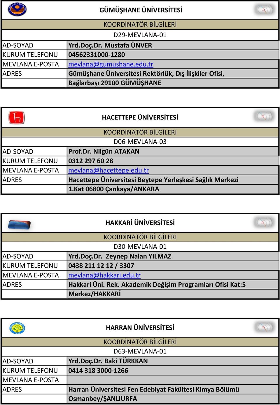 edu.tr Hacettepe Üniversitesi Beytepe Yerleşkesi Sağlık Merkezi 1.Kat 06800 Çankaya/ANKARA HAKKARİ ÜNİVERSİTESİ D30-MEVLANA-01 Yrd.Doç.Dr.