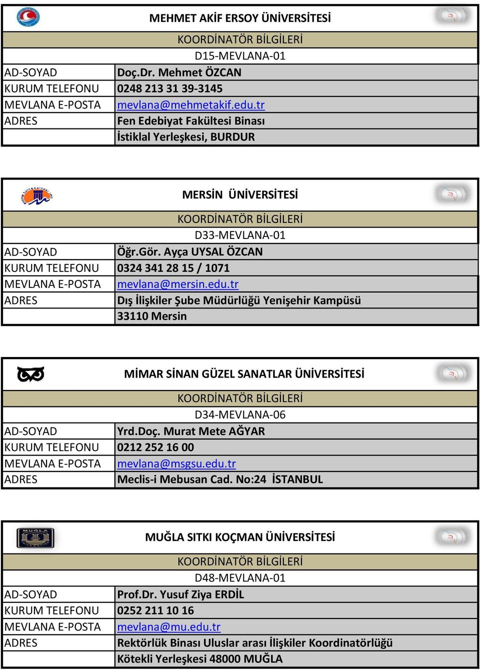 tr Dış İlişkiler Şube Müdürlüğü Yenişehir Kampüsü 33110 Mersin MİMAR SİNAN GÜZEL SANATLAR ÜNİVERSİTESİ D34-MEVLANA-06 Yrd.Doç.