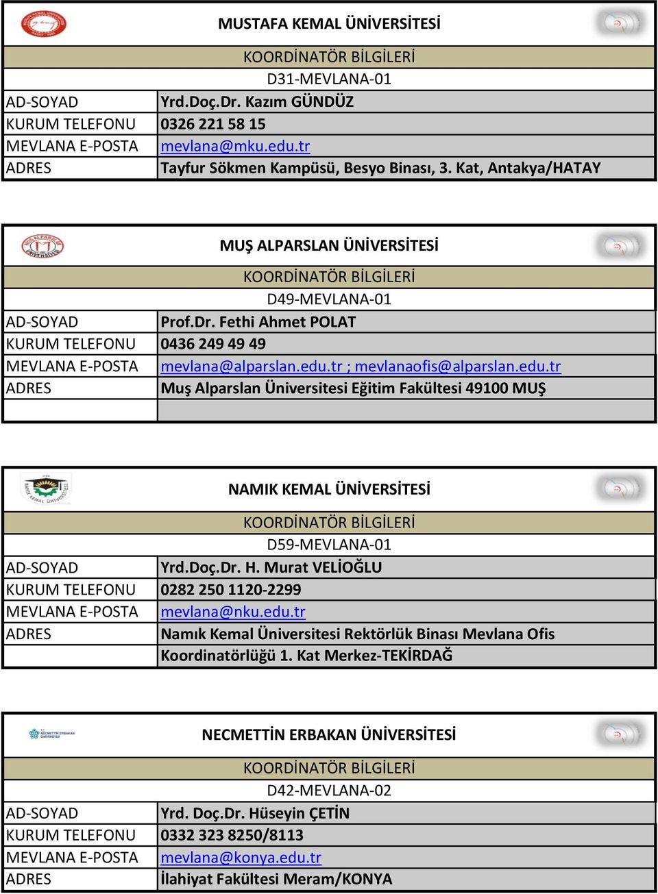 tr ; mevlanaofis@alparslan.edu.tr Muş Alparslan Üniversitesi Eğitim Fakültesi 49100 MUŞ NAMIK KEMAL ÜNİVERSİTESİ D59-MEVLANA-01 Yrd.Doç.Dr. H.