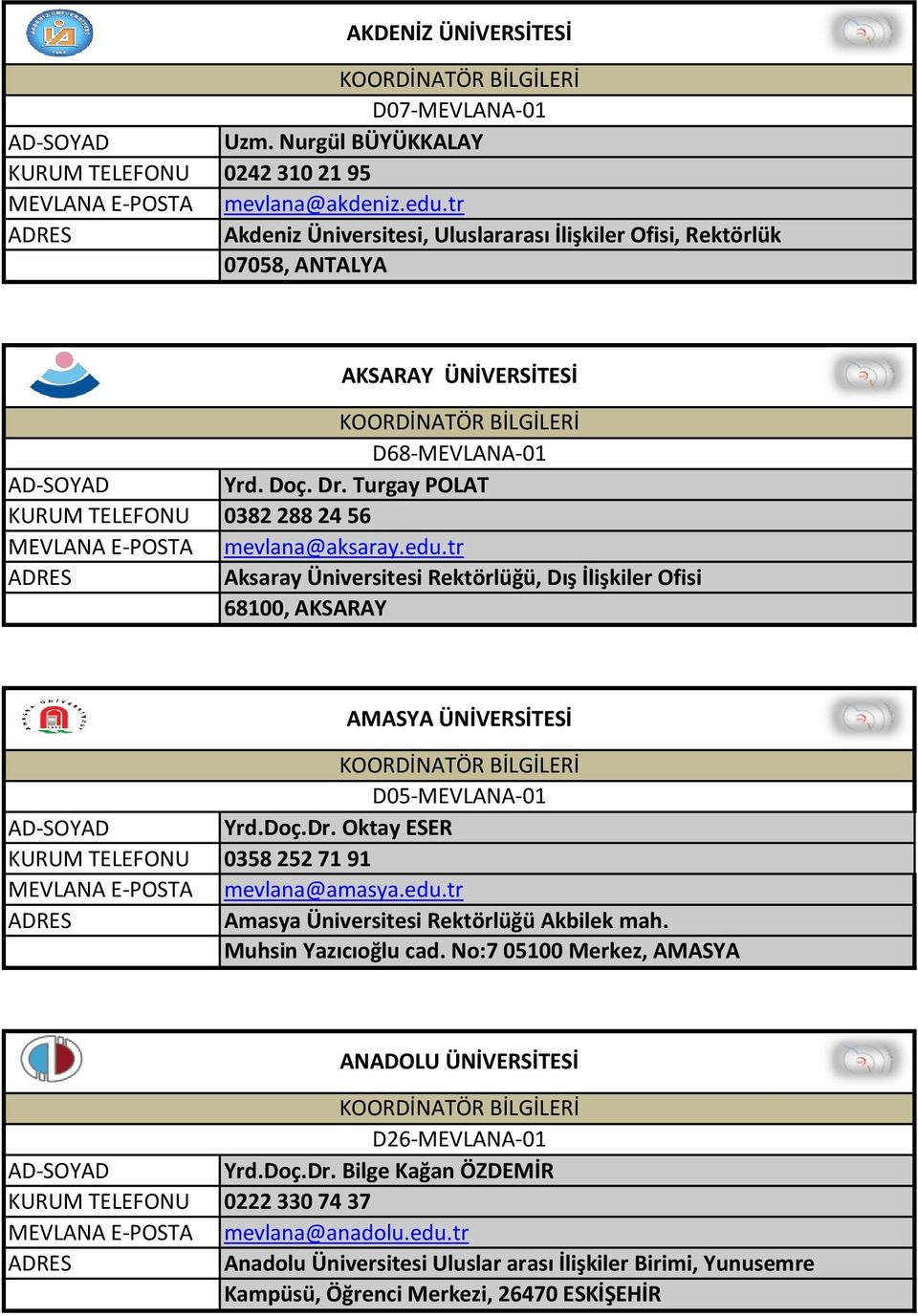 tr Aksaray Üniversitesi Rektörlüğü, Dış İlişkiler Ofisi 68100, AKSARAY AMASYA ÜNİVERSİTESİ D05-MEVLANA-01 Yrd.Doç.Dr. Oktay ESER 0358 252 71 91 mevlana@amasya.edu.