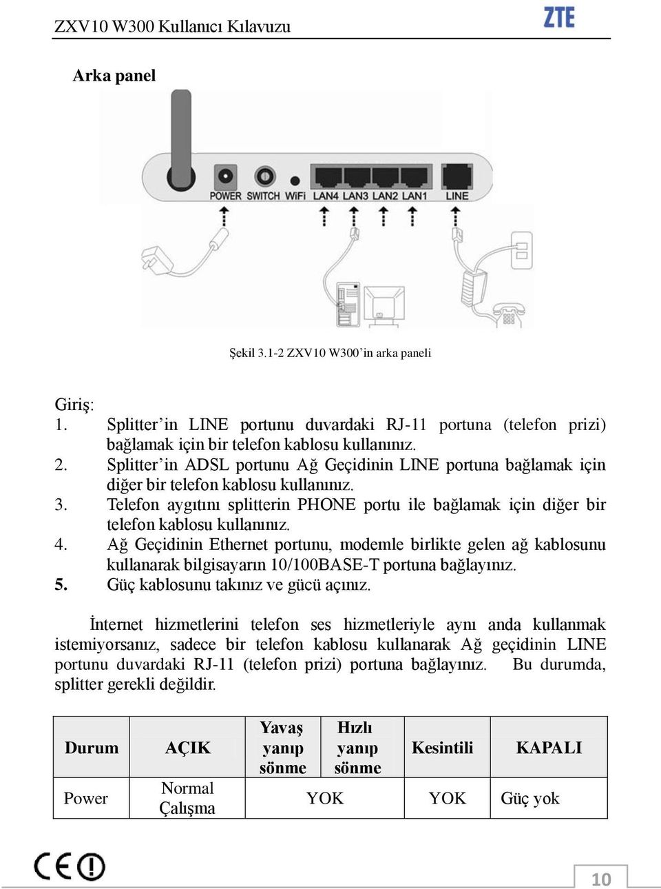 Telefon aygıtını splitterin PHONE portu ile bağlamak için diğer bir telefon kablosu kullanınız. 4.