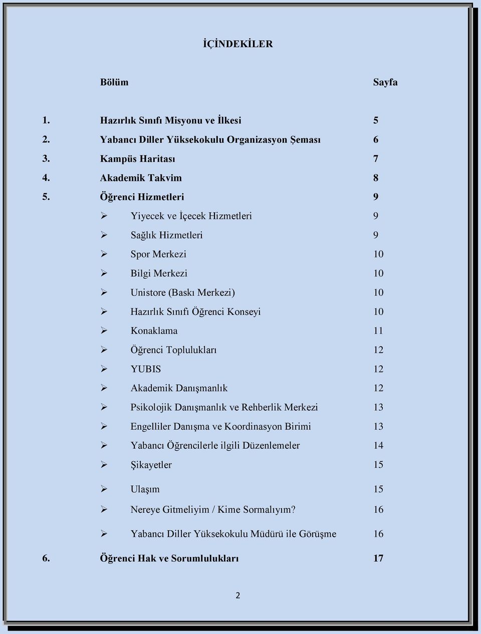 Konaklama 11 Öğrenci Toplulukları 12 YUBIS 12 Akademik Danışmanlık 12 Psikolojik Danışmanlık ve Rehberlik Merkezi 13 Engelliler Danışma ve Koordinasyon Birimi 13 Yabancı