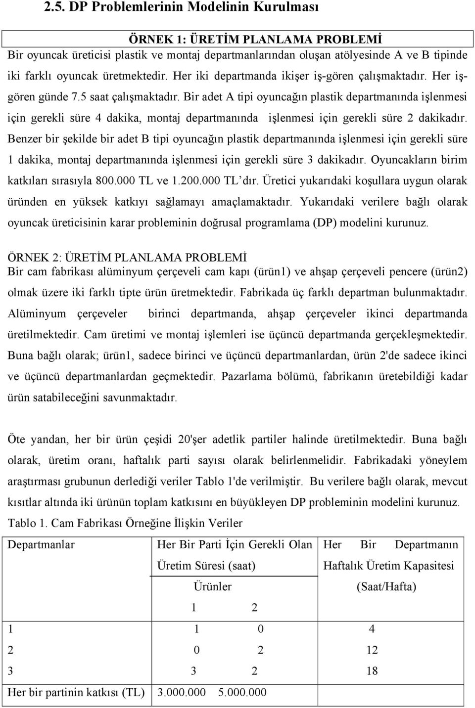 Bir adet A tipi oyuncağın plastik departmanında işlenmesi için gerekli süre 4 dakika, montaj departmanında işlenmesi için gerekli süre 2 dakikadır.