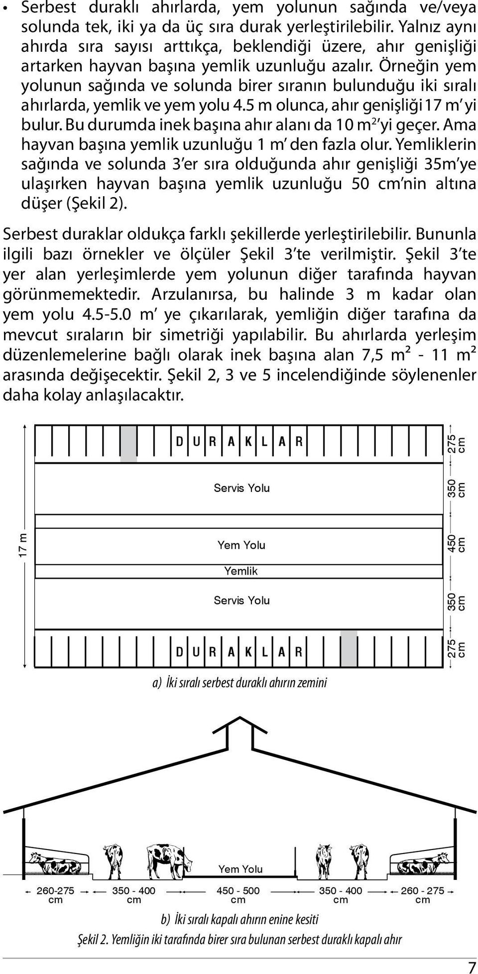 Örneğin yem yolunun sağında ve solunda birer sıranın bulunduğu iki sıralı ahırlarda, yemlik ve yem yolu 4.5 m olunca, ahır genişliği 17 m yi bulur.