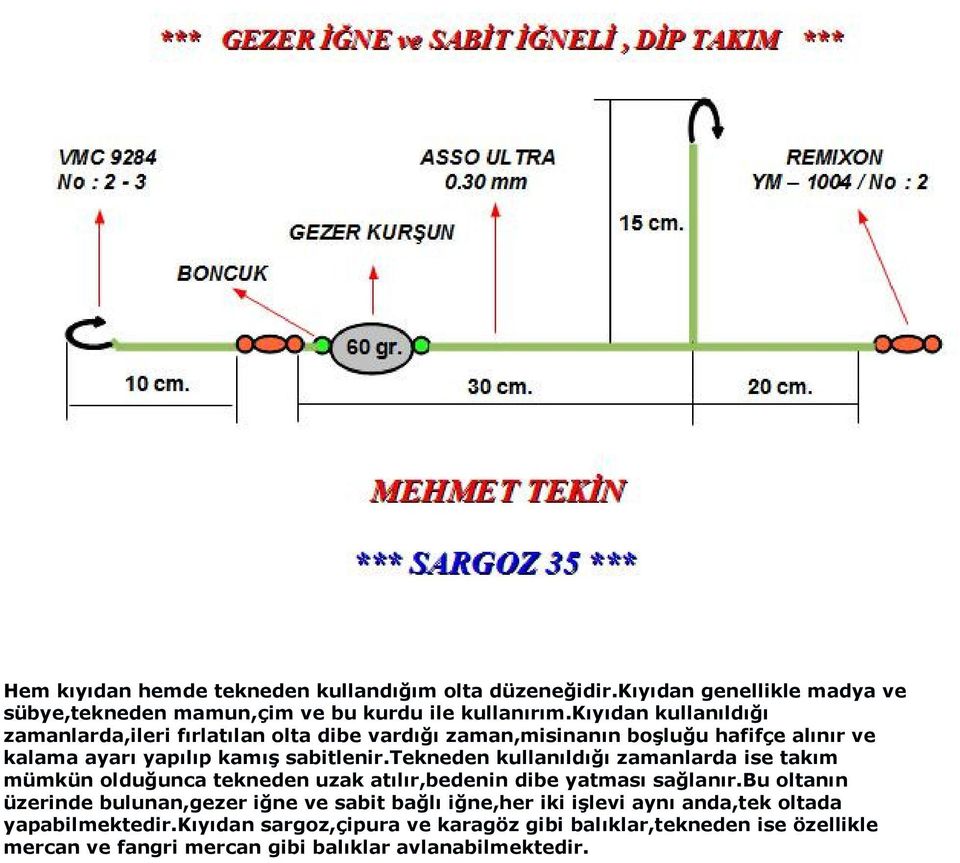 tekneden kullanıldığı zamanlarda ise takım mümkün olduğunca tekneden uzak atılır,bedenin dibe yatması sağlanır.