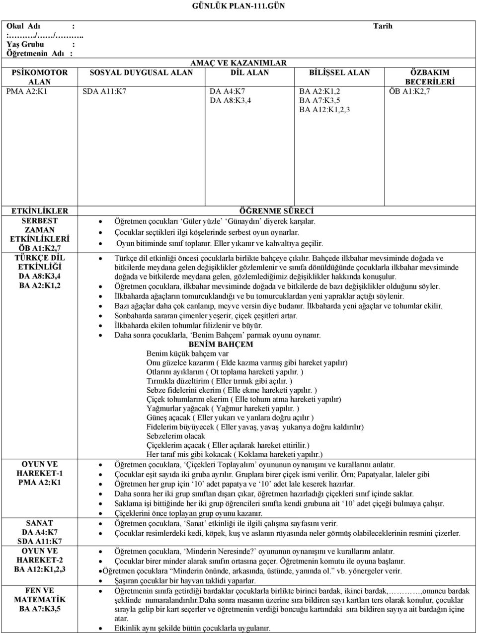 ETKİNLİKLER SERBEST ZAMAN ETKİNLİKLERİ TÜRKÇE DİL ETKİNLİĞİ DA A8:K3,4 HAREKET-1 PMA A2:K1 SANAT DA A4:K7 SDA A11:K7 HAREKET-2 BA A12:K1,2,3 FEN VE MATEMATİK BA A7:K3,5 ÖĞRENME SÜRECİ Öğretmen