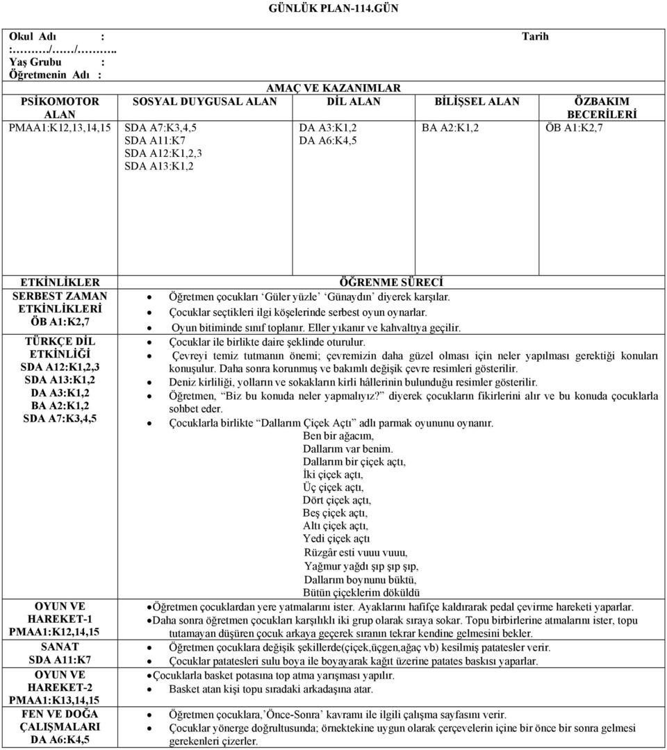 A3:K1,2 DA A6:K4,5 BECERİLERİ ETKİNLİKLER SERBEST ZAMAN ETKİNLİKLERİ TÜRKÇE DİL ETKİNLİĞİ SDA A12:K1,2,3 SDA A13:K1,2 DA A3:K1,2 SDA A7:K3,4,5 HAREKET-1 PMAA1:K12,14,15 SANAT SDA A11:K7 HAREKET-2