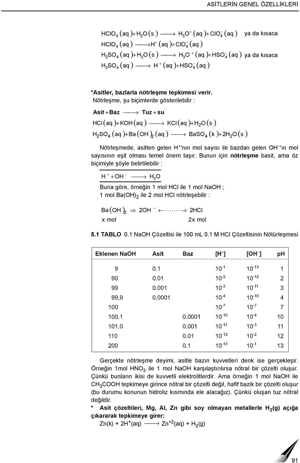 Nötrleşme, şu biçimlerde gösterilebilir : Asit Baz Tuz su HCl H SO ( aq ) KOH( aq ) KCl( aq ) HO( s ) ( aq ) Ba( OH ) ( aq ) BaSO ( k ) H O( s ) Nötrleşmede, asitten gelen H 'nın mol sayısı ile