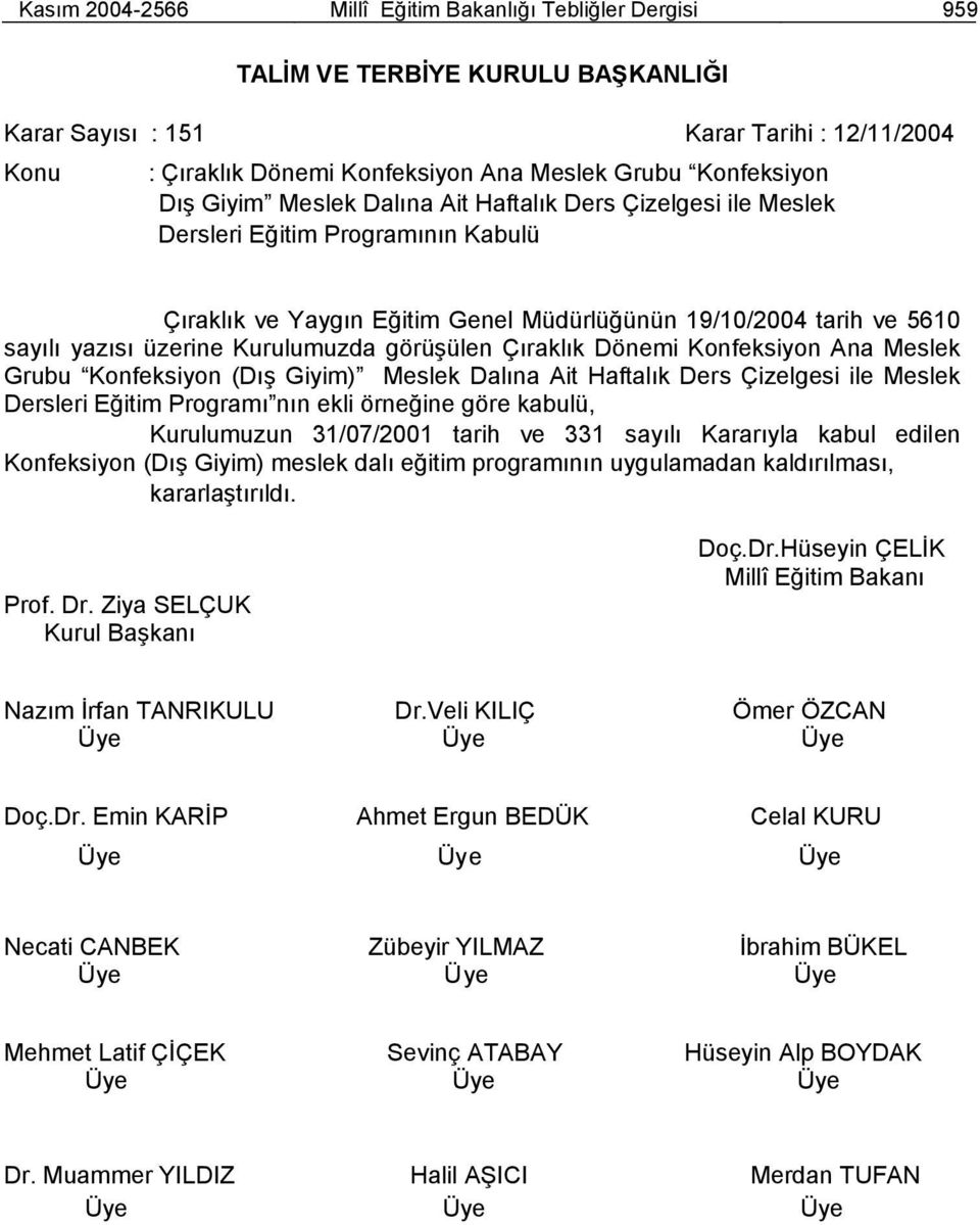 üzerine Kurulumuzda görüşülen Çıraklık Dönemi Konfeksiyon Ana Meslek Grubu Konfeksiyon (Dış Giyim) Meslek Dalına Ait Haftalık Ders Çizelgesi ile Meslek Dersleri Eğitim Programı nın ekli örneğine göre