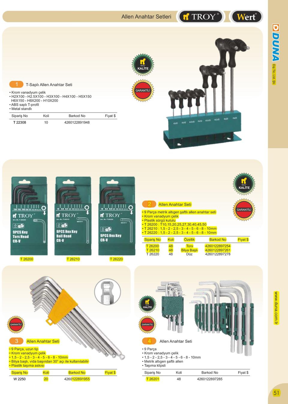 4-5 - 6-8 - 10mm T 26220 : 1,5-2 - 2,5-3 - 4-5 - 6-8 - 10mm T 26200 T 26210 T 26220 Özellik T 26200 48 Torx 4260122897254 T 26210 48 Bilya Başlı 4260122897261 T 26220 48 Düz 4260122897278 www.duna.