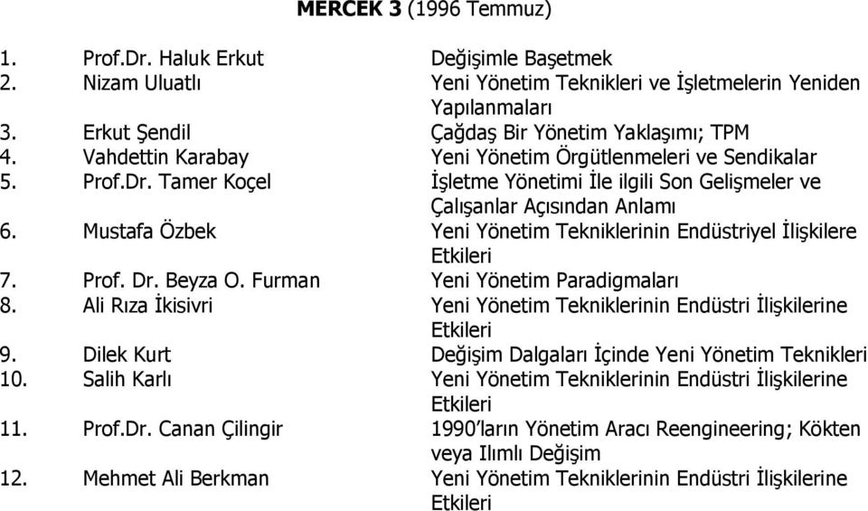 Mustafa Özbek Yeni Yönetim Tekniklerinin Endüstriyel İlişkilere Etkileri 7. Prof. Dr. Beyza O. Furman Yeni Yönetim Paradigmaları 8.