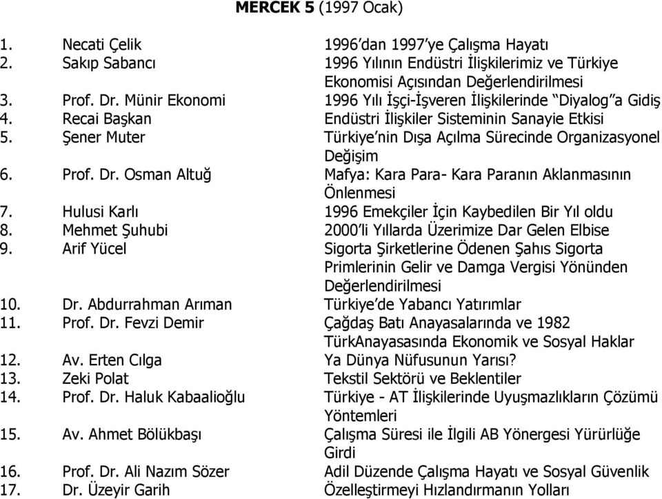 Şener Muter Türkiye nin Dışa Açılma Sürecinde Organizasyonel Değişim 6. Prof. Dr. Osman Altuğ Mafya: Kara Para- Kara Paranın Aklanmasının Önlenmesi 7.