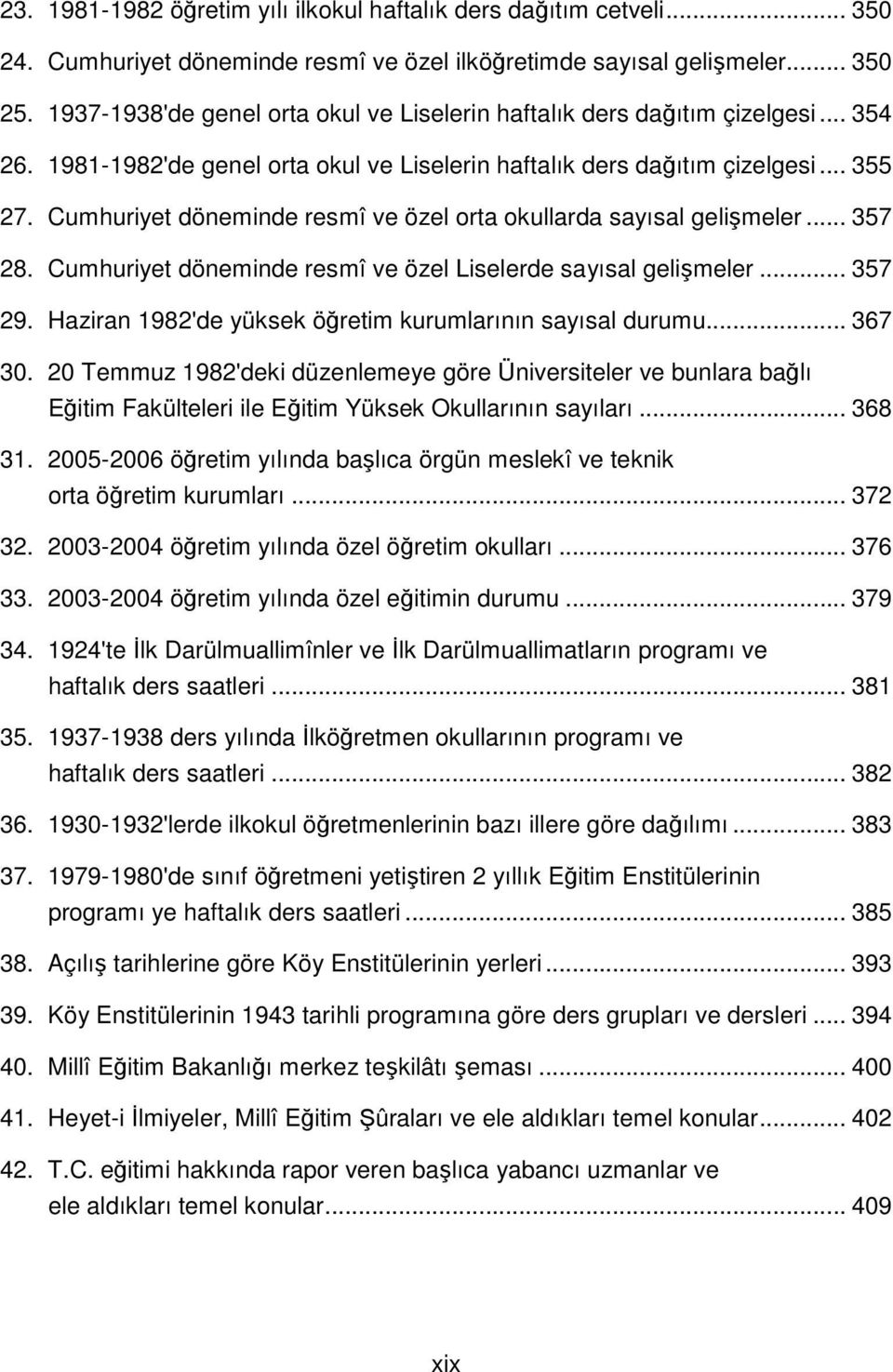 Cumhuriyet döneminde resmî ve özel orta okullarda sayısal gelişmeler... 357 28. Cumhuriyet döneminde resmî ve özel Liselerde sayısal gelişmeler... 357 29.