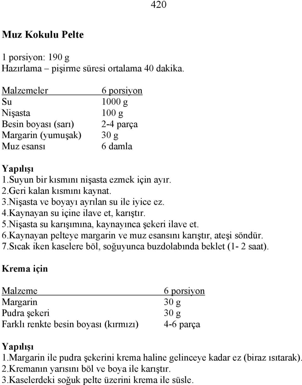 .nişasta ve boyayı ayrılan su ile iyice ez. 4.Kaynayan su içine ilave et, karıştır. 5.Nişasta su karışımına, kaynayınca şekeri ilave et. 6.