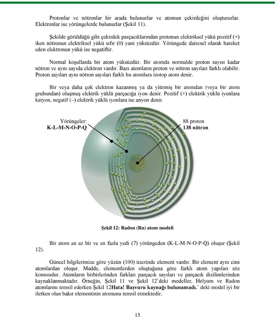 Yörüngede dairesel olarak hareket eden elektronun yükü ise negatiftir. Normal koşullarda bir atom yüksüzdür. Bir atomda normalde proton sayısı kadar nötron ve aynı sayıda elektron vardır.