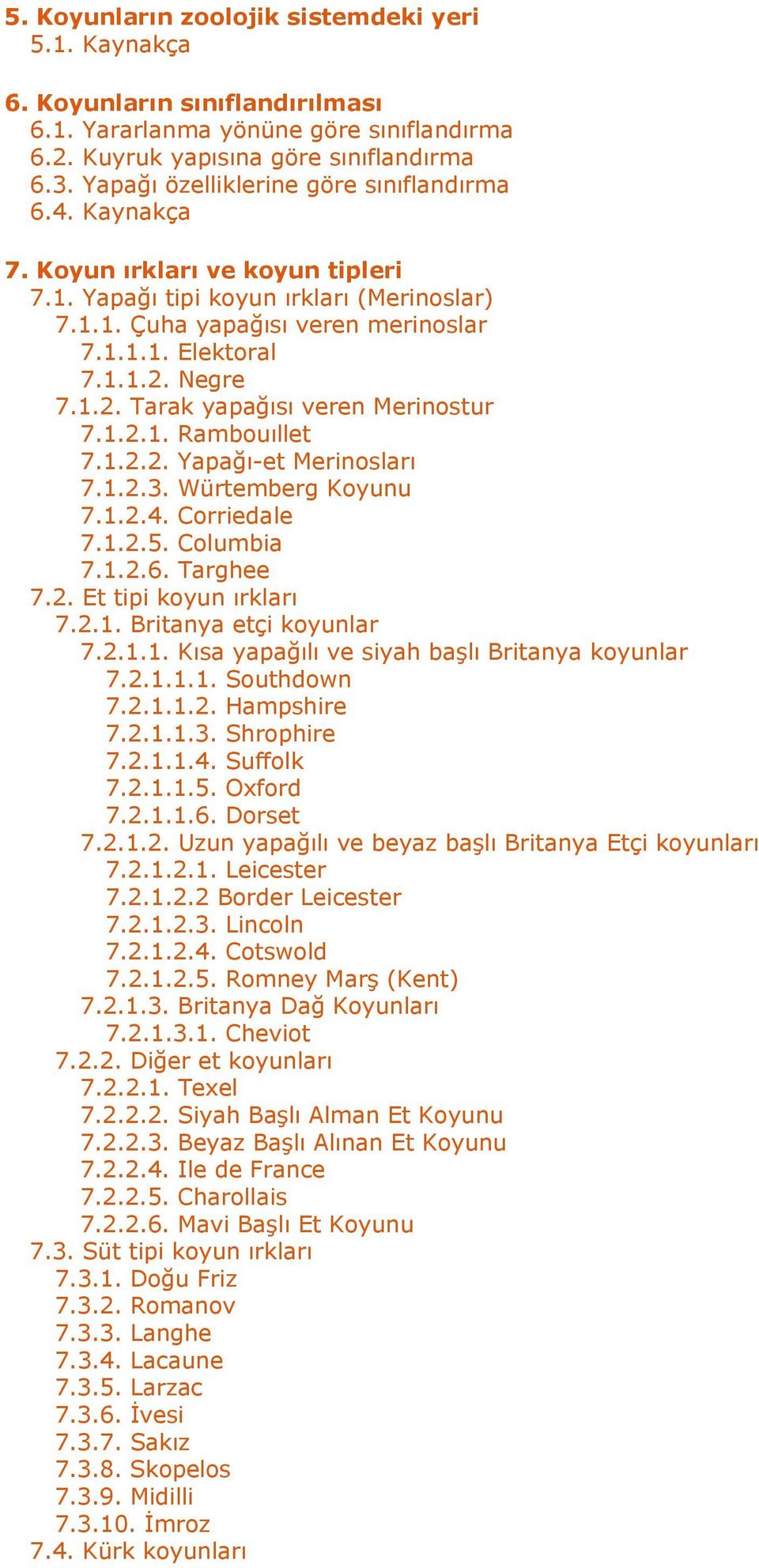 Negre 7.1.2. Tarak yapağısı veren Merinostur 7.1.2.1. Rambouıllet 7.1.2.2. Yapağı-et Merinosları 7.1.2.3. Würtemberg Koyunu 7.1.2.4. Corriedale 7.1.2.5. Columbia 7.1.2.6. Targhee 7.2. Et tipi koyun ırkları 7.