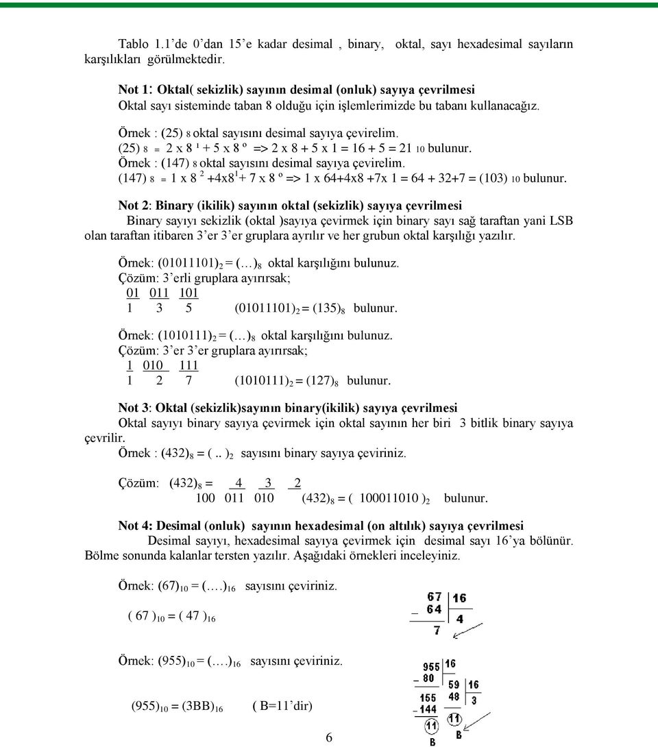 Örnek : (25) 8 oktal sayısını desimal sayıya çevirelim. (25) 8 = 2 x 8 ¹ + 5 x 8 º => 2 x 8 + 5 x 1 = 16 + 5 = 21 10 bulunur. Örnek : (147) 8 oktal sayısını desimal sayıya çevirelim.