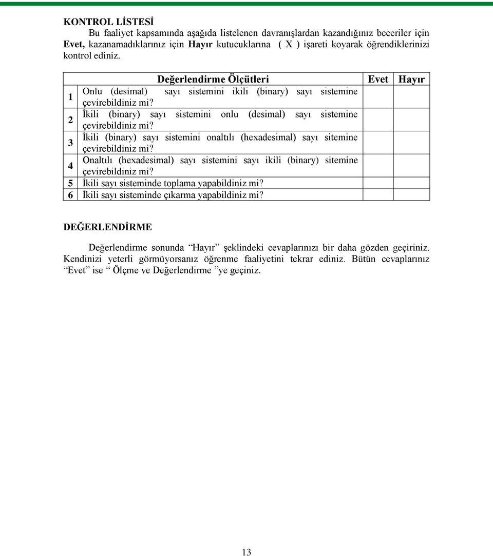 İkili (binary) sayı sistemini onaltılı (hexadesimal) sayı sitemine 3 çevirebildiniz mi? Onaltılı (hexadesimal) sayı sistemini sayı ikili (binary) sitemine 4 çevirebildiniz mi?