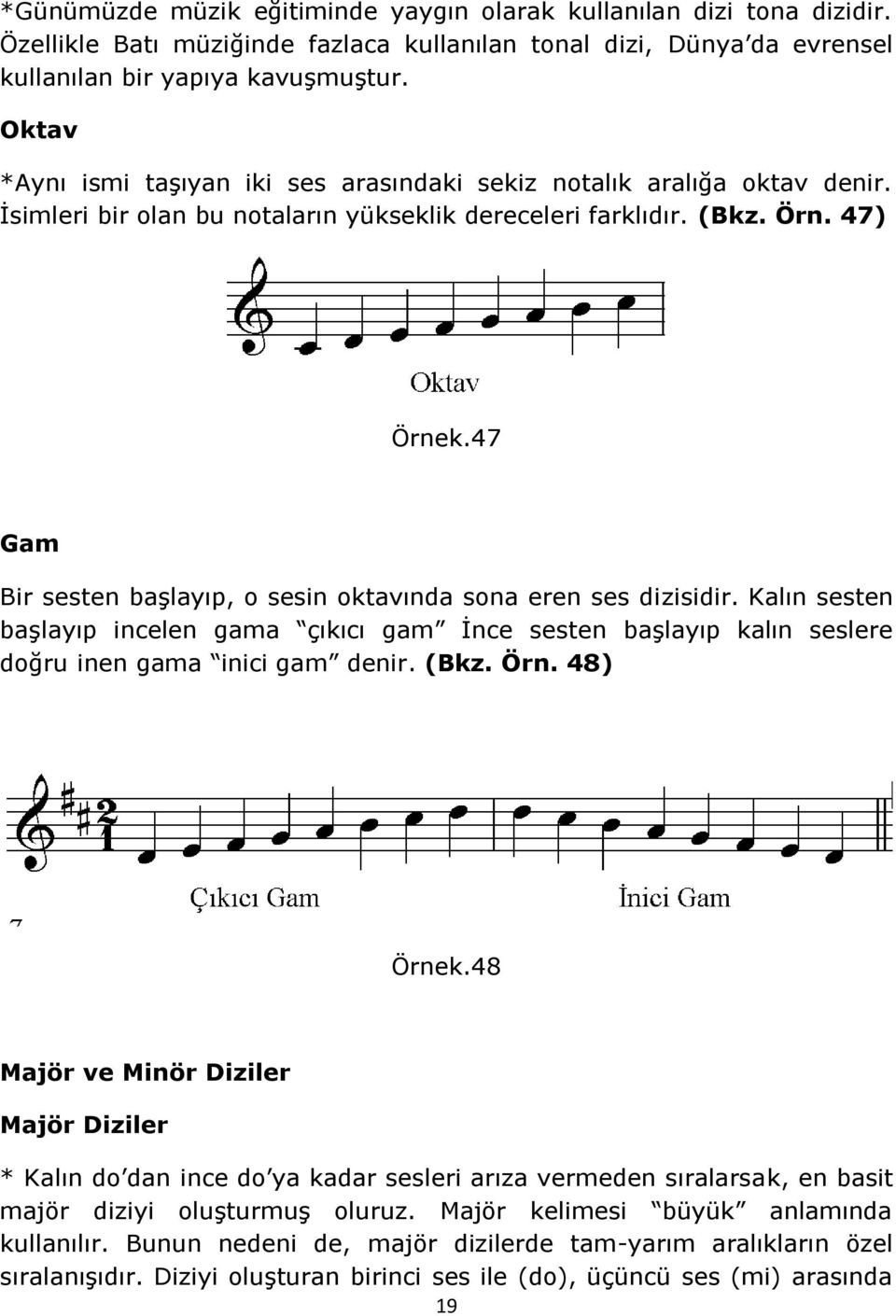 47 Gam Bir sesten başlayıp, o sesin oktavında sona eren ses dizisidir. Kalın sesten başlayıp incelen gama çıkıcı gam İnce sesten başlayıp kalın seslere doğru inen gama inici gam denir. (Bkz. Örn.