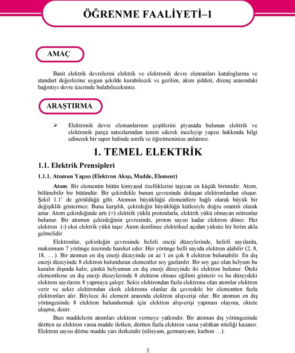 ARAŞTIRMA Elektronik devre elemanlarının çeşitlerini piyasada bulunan elektrik ve elektronik parça satıcılarından temin ederek inceleyip yapısı hakkında bilgi edinerek bir rapor halinde sınıfa ve