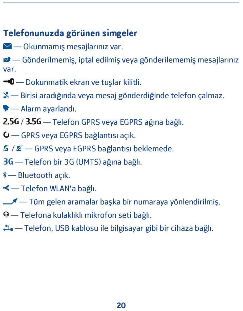 / Telefon GPRS veya EGPRS ağına bağlı. GPRS veya EGPRS bağlantısı açık. / GPRS veya EGPRS bağlantısı beklemede.