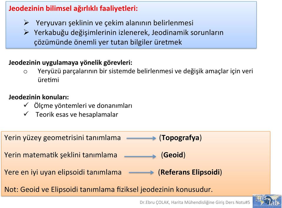 için veri ürepmi Jeodezinin konuları: ü Ölçme yöntemleri ve donanımları ü Teorik esas ve hesaplamalar Yerin yüzey geometrisini tanımlama Yerin matemapk