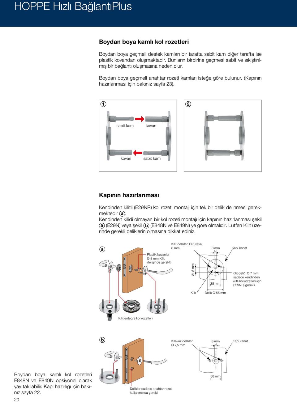 1 2 sabit kam kovan kovan sabit kam Kapının hazırlanması Kendinden kilitli (E29NR) kol rozeti montajı için tek bir delik delinmesi gerekmektedir a.