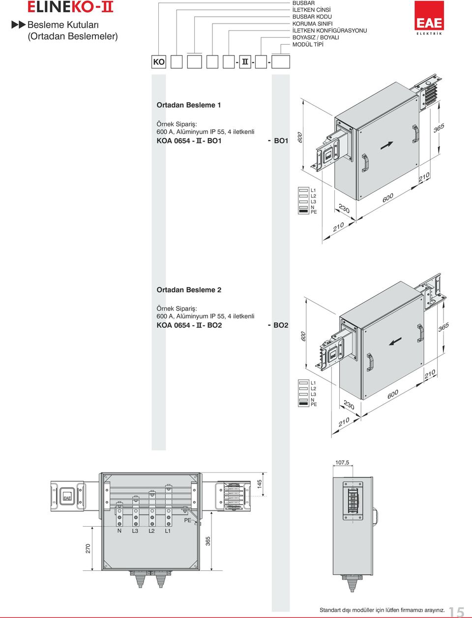 0654 O1 O1 365 230 210 210 Ortadan esleme 2, lüminyum IP 55, 4 iletkenli KO 0654 O2 O2