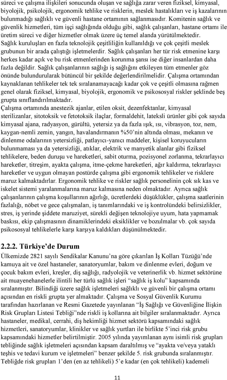 Komitenin sağlık ve güvenlik hizmetleri, tüm işçi sağlığında olduğu gibi, sağlık çalışanları, hastane ortamı ile üretim süreci ve diğer hizmetler olmak üzere üç temel alanda yürütülmektedir.