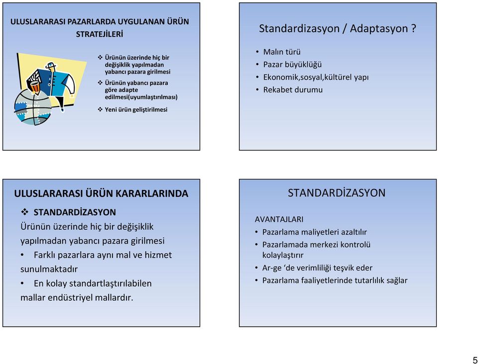 Malın türü Pazar büyüklüğü Ekonomik,sosyal,kültürel yapı Rekabet durumu Yeni ürün geliştirilmesi ULUSLARARASI ÜRÜN KARARLARINDA STANDARDİZASYON Ürünün üzerinde hiç bir değişiklik