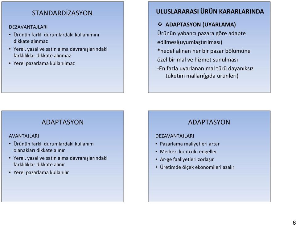 fazla uyarlanan mal türü dayanıksız tüketim malları(gıda ürünleri) AVANTAJLARI ADAPTASYON Ürünün farklı durumlardaki kullanım olanakları dikkate alınır Yerel, yasal ve satın alma