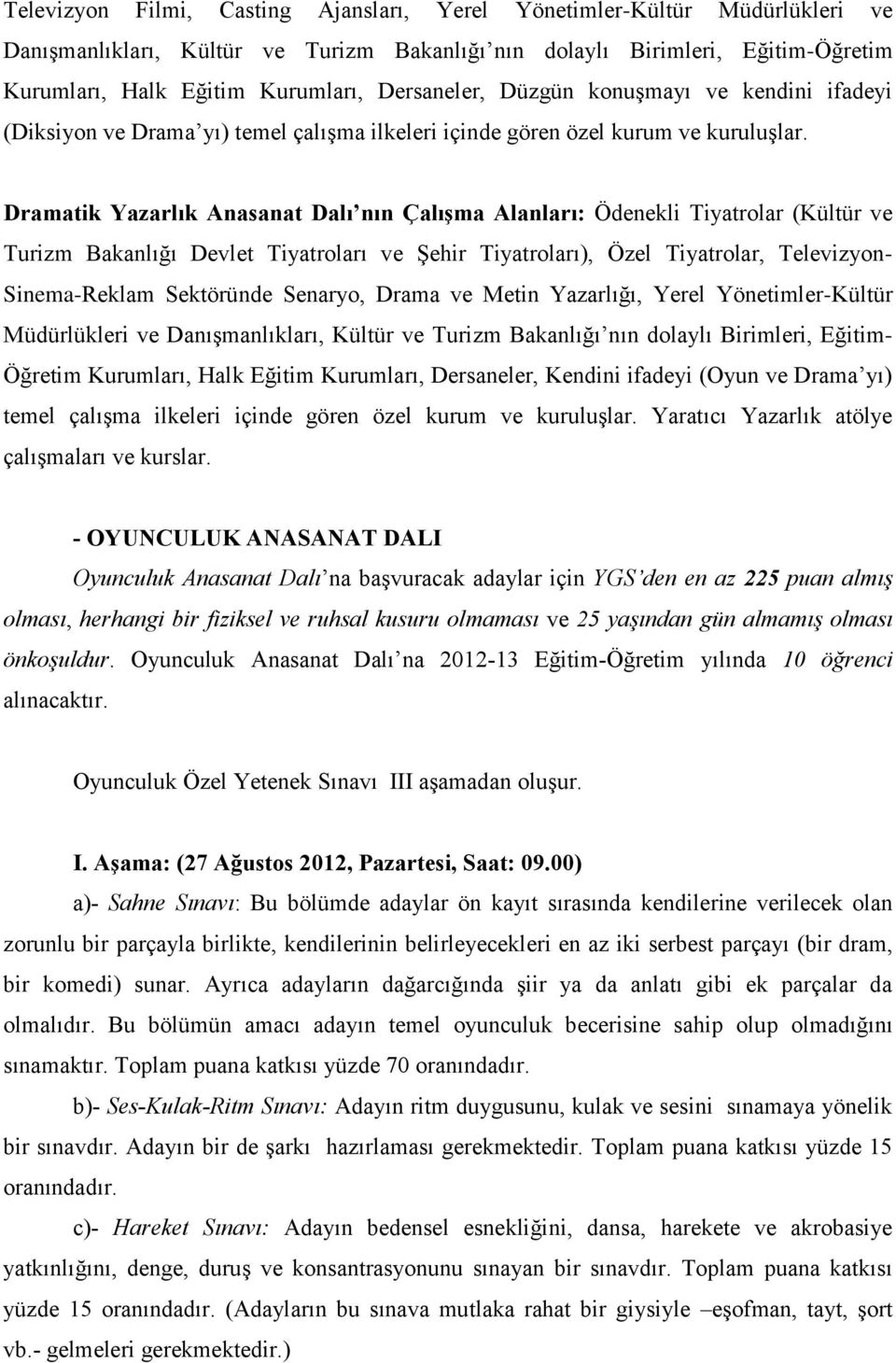 Dramatik Yazarlık Anasanat Dalı nın Çalışma Alanları: Ödenekli Tiyatrolar (Kültür ve Turizm Bakanlığı Devlet Tiyatroları ve Şehir Tiyatroları), Özel Tiyatrolar, Televizyon- Sinema-Reklam Sektöründe