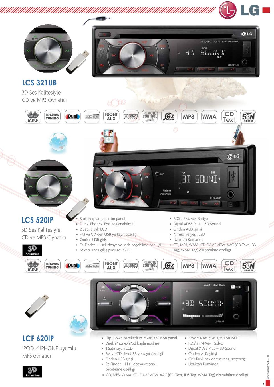 Kumanda CD,,, CD-DA/R/RW, AAC (CD Text, Tag, Tag) okuyabilme özelliği LCF 620IP / iphone uyumlu oynatıcı Flip-Down hareketli ve çıkarılabilir ön panel Direk iphone/ipod bağlanabilme 3 Satır siyah LCD