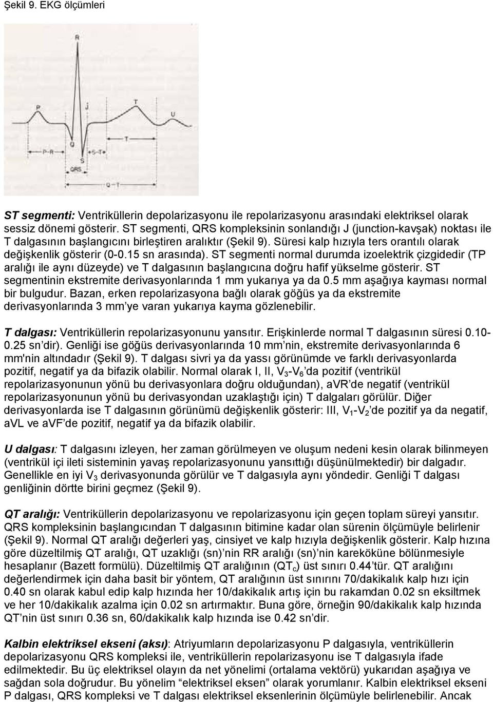 15 sn arasında). ST segmenti normal durumda izoelektrik çizgidedir (TP aralığı ile aynı düzeyde) ve T dalgasının başlangıcına doğru hafif yükselme gösterir.