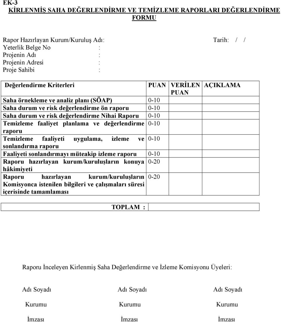 faaliyet planlama ve değerlendirme 0-10 raporu Temizleme faaliyeti uygulama, izleme ve 0-10 sonlandırma raporu Faaliyeti sonlandırmayı müteakip izleme raporu 0-10 Raporu hazırlayan kurum/kuruluşların