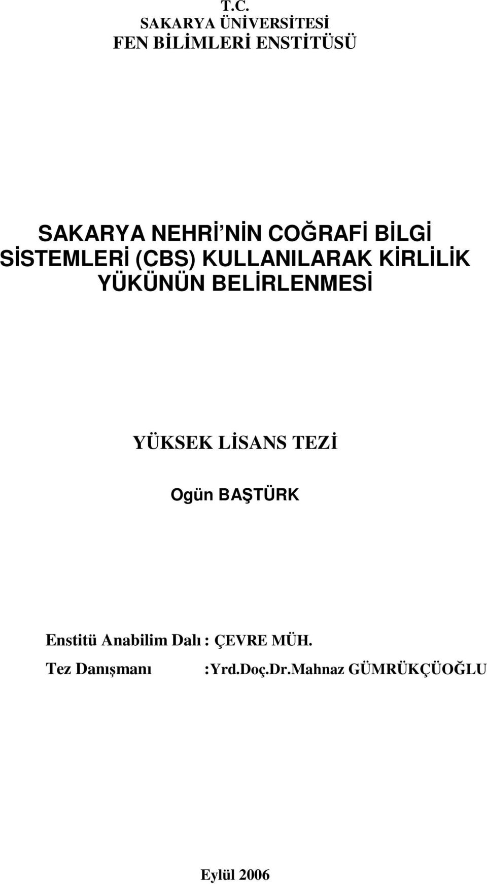 BELİRLENMESİ YÜKSEK LİSANS TEZİ Ogün BAŞTÜRK Enstitü Anabilim Dalı