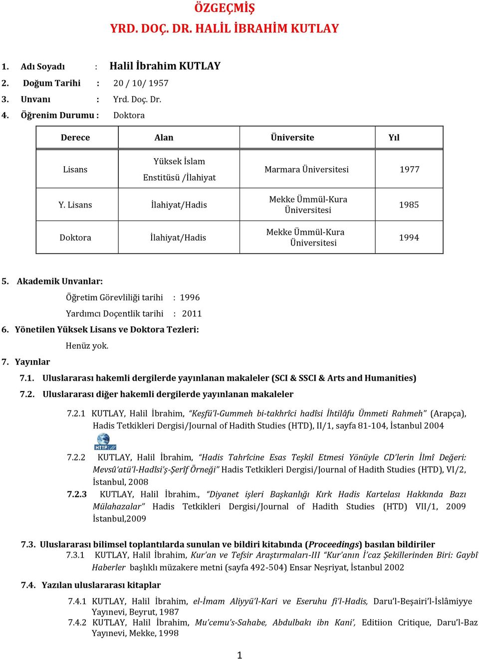 Lisans İlahiyat/Hadis Mekke ÜmmülKura Üniversitesi 19 Doktora İlahiyat/Hadis Mekke ÜmmülKura Üniversitesi 199. Akademik Unvanlar: Öğretim Görevliliği tarihi : 1996 Yardımcı Doçentlik tarihi : 011 6.