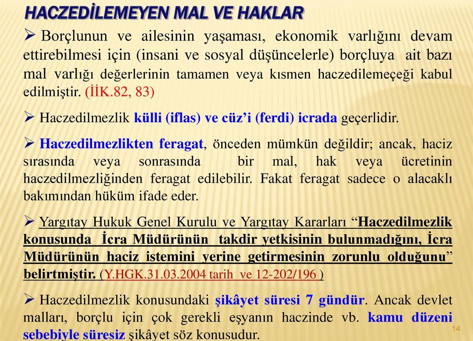 Haczedilmezlikten feragat, önceden mümkün değildir; ancak, haciz sırasında veya sonrasında bir mal, hak veya ücretinin haczedilmezliğinden feragat edilebilir.