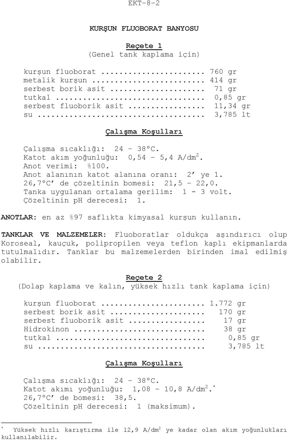 26,7ºC de çözeltinin bomesi: 21,5 22,0. Tanka uygulanan ortalama gerilim: 1-3 volt. Çözeltinin ph derecesi: 1. ANOTLAR: en az %97 saflıkta kimyasal kurşun kullanın.