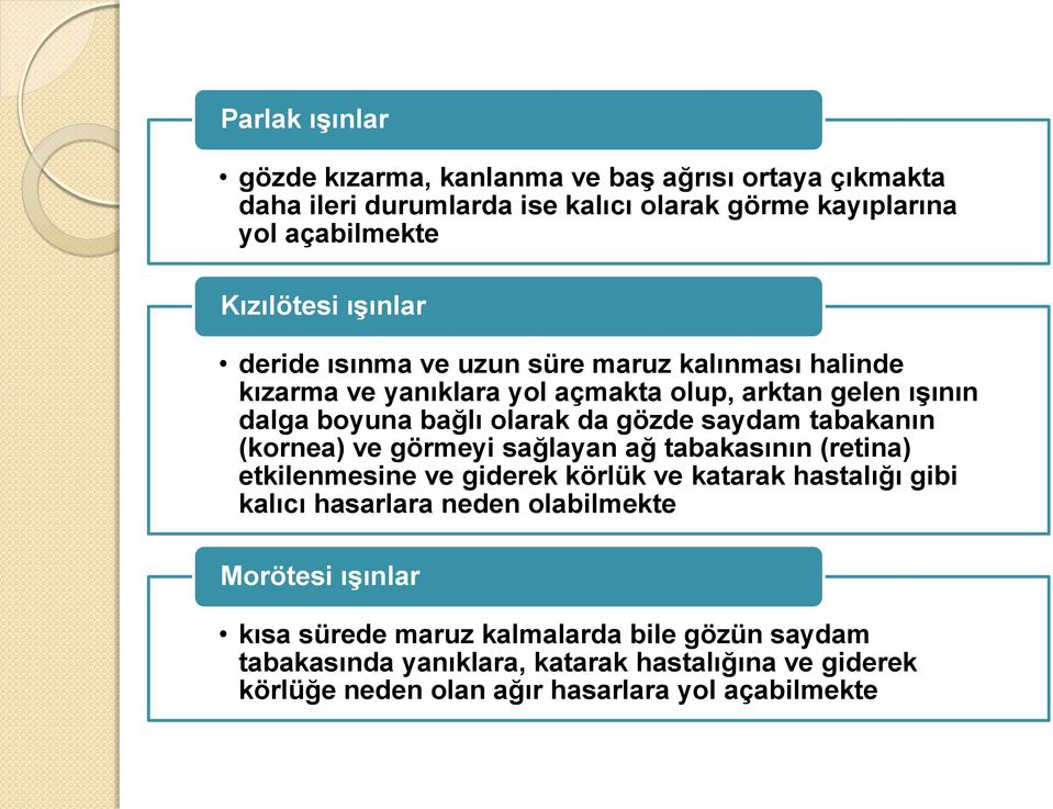 tabakanın (kornea) ve görmeyi sağlayan ağ tabakasının (retina) etkilenmesine ve giderek körlük ve katarak hastalığı gibi kalıcı hasarlara neden olabilmekte