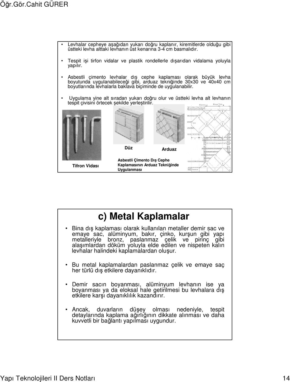 Asbestli çimento levhalar dış cephe kaplaması olarak büyük levha boyutunda uygulanabileceği gibi, arduaz tekniğinde 30x30 ve 40x40 cm boyutlarında levhalarla baklava biçiminde de uygulanabilir.